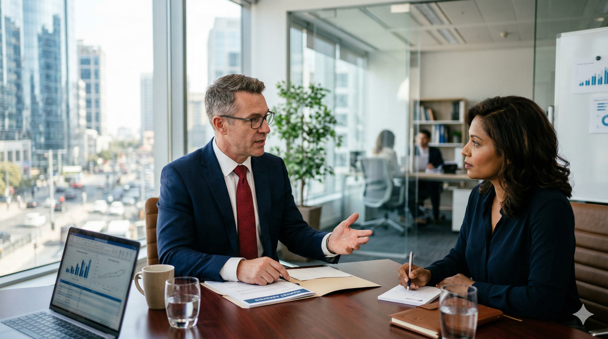 Professional advisory meeting showing leadership and performance discussion