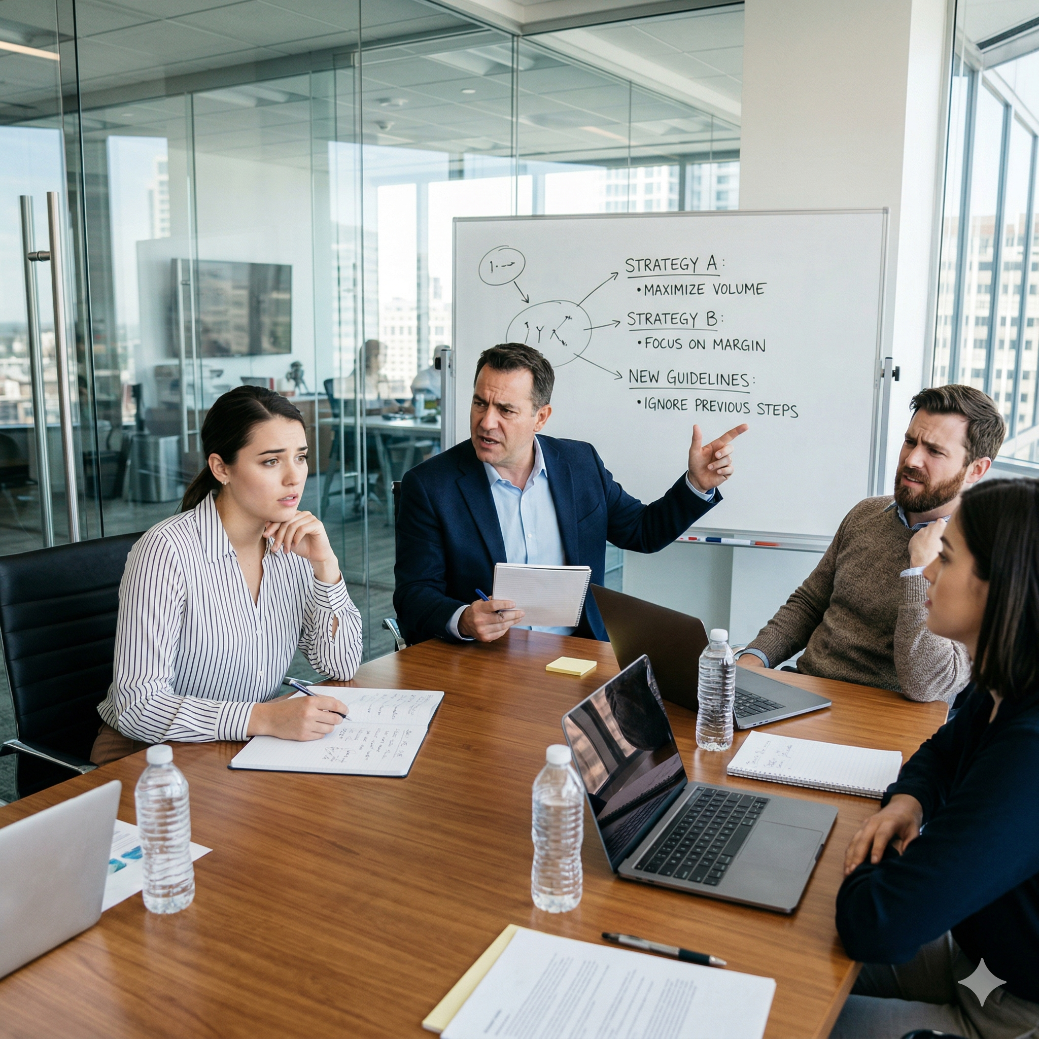 Leadership meeting showing alignment and communication challenges