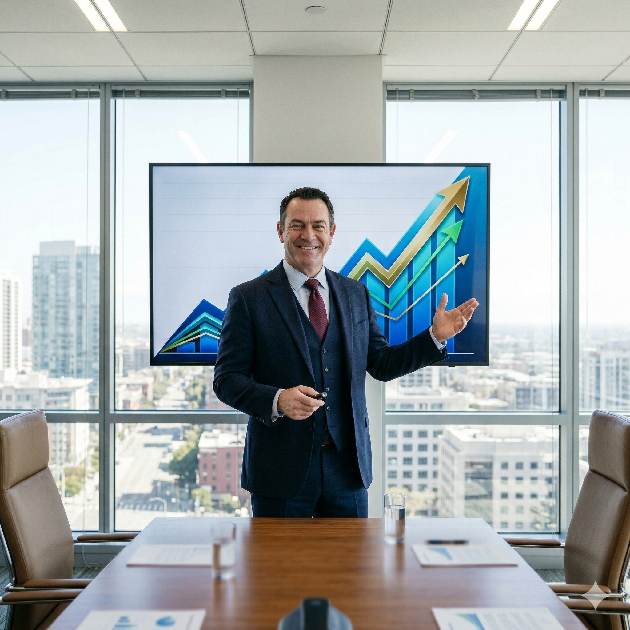 Presenter showing growth results and upward trend